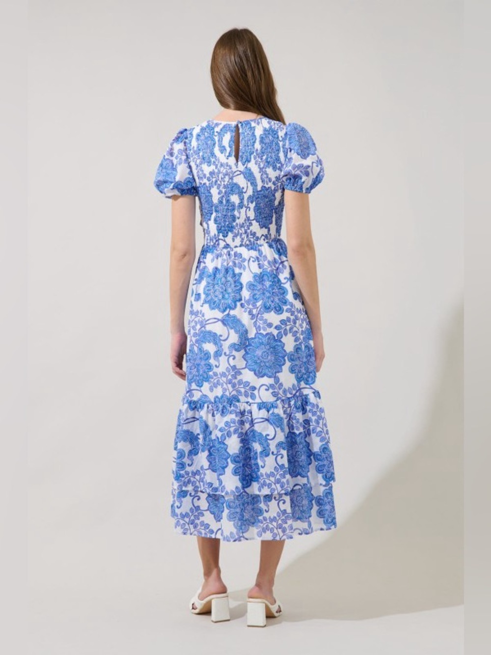Blue White Floral Puff Sleeve Smocked Midi Dress Pockets Cotton Cottagecore NEW - Picture 4 of 4